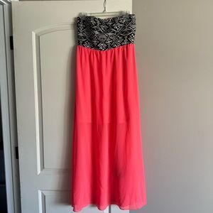 Bright Pink Chiffon Maxi with Black Aztec Bodice M